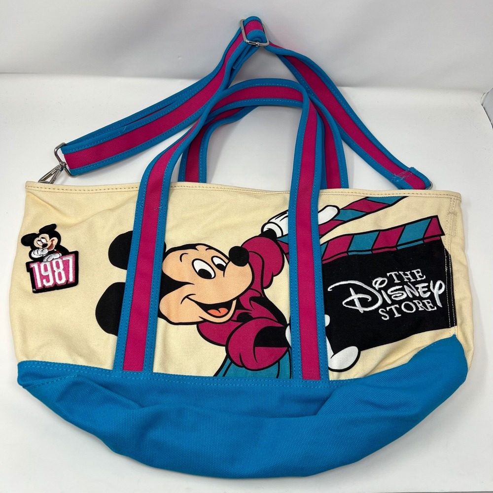 VTG 1987 Disney Store Mickey Mouse Tote Bag OS Cream Blue Pink Retro Canvas